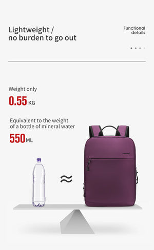 Purple lightweight backpack, shown with weight comparison to a water bottle