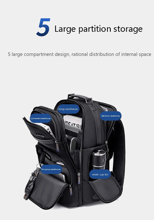 Black backpack with multiple compartments and side zip pockets for large partition storage.