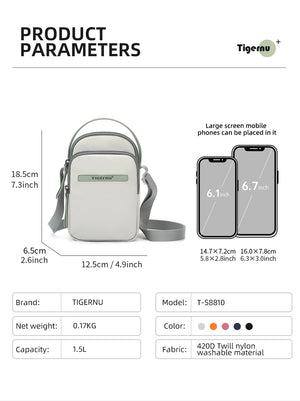 Light gray compact crossbody bag size diagram with smartphone fit illustration