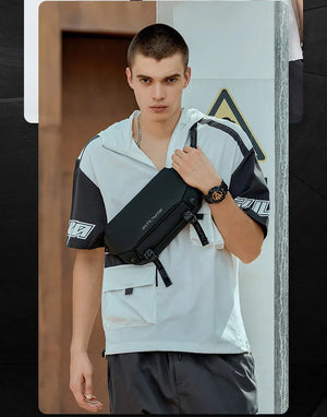 Black lightweight waterproof crossbody bag with adjustable strap and front flap pocket.