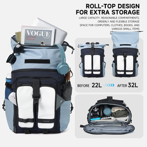 Roll-top travel backpack in light blue with navy panels, front pockets, and adjustable straps