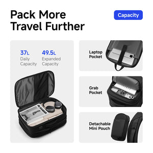 Black expandable backpack open to show organized interior pockets and accessories space