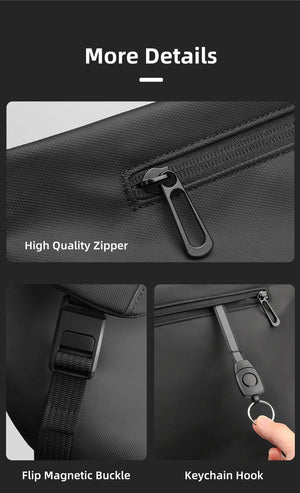 Black crossbody bag with high-quality zipper, flip magnetic buckle, and keychain hook.