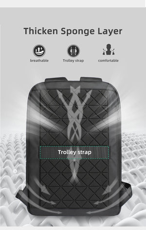 Back view of black backpack with thick padded sponge layer and trolley strap