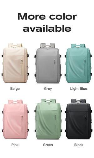 Assorted color options of BANGE travel backpack: beige, gray, light blue, pink, green, black
