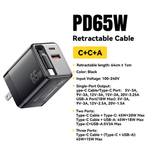 ESSAGER 65W GaN USB Charger with Retractable Cable and Power Delivery - Black