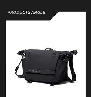 Black crossbody bag from side angle with flap closure and adjustable strap