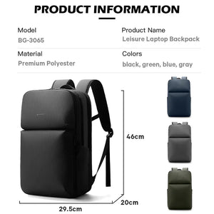 Leisure laptop backpack with dimensions and color options on a white background