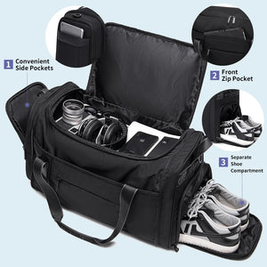 Black waterproof duffel bag interior with side pockets, front zip pocket, and separate shoe area.