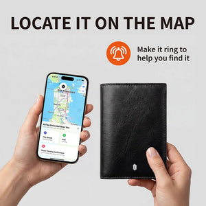 Black leather passport wallet with AirTag slot emblem, held in hands