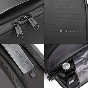 Black toiletry bag detail: metal zipper pulls, brand logo, and inner pocket compartments.