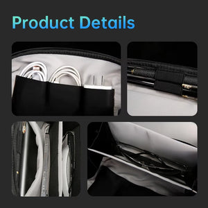 Black tech storage bag interior details showing organizer pockets and elastic sleeves