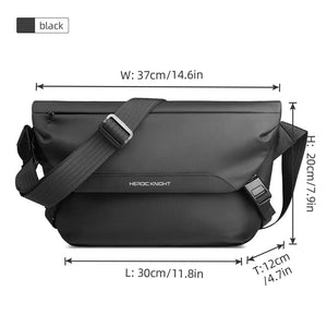 Black crossbody bag dimensions: 37cm wide, 30cm long, 16.7cm high.