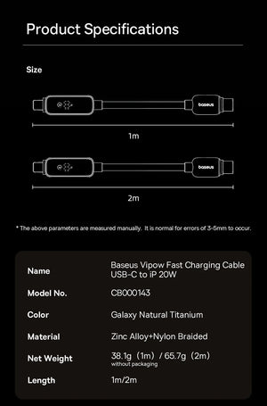BASEUS Vipow Series 20W USB-C to Lighting Fast Charging Cable