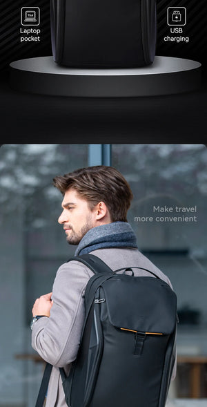 Black backpack worn on back with front flap pocket and laptop compartment