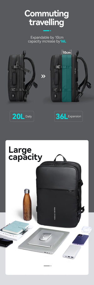 MARK RYDEN Pathrato MR8057Y Expandable Waterproof Travel Backpack with USB Charging Port