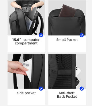 Black travel backpack showing 15.6-inch compartment, side pocket, and anti-theft back pocket