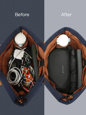 Tech storage bag with organizer insert holding cables and accessories