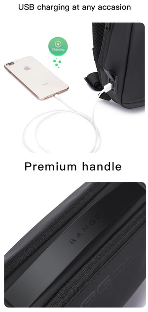 Black crossbody sling bag with USB charging cable and reinforced zip handle.