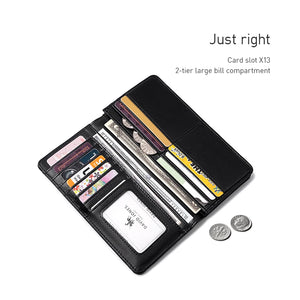 Black bifold wallet open, showing multiple card slots and bill compartment.