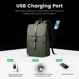 Green backpack with USB charging port, cable plugged to a phone on display