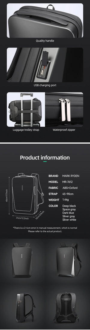 MARK RYDEN MR7612 Compact Hard Shell Travel Backpack with USB Charging Port