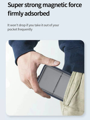 Black magnetic card holder wallet with card slot and snap closure