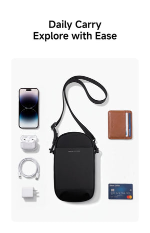Black waterproof business backpack front view with crossbody strap and small organizer accessories.