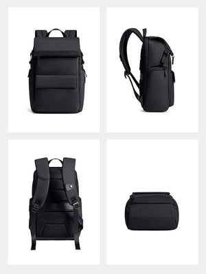 Waterproof travel backpack shown from multiple angles, with front pocket and straps
