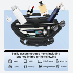 Black waterproof backpack interior with organized compartments and zip openings
