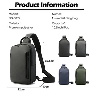 Minimalist sling bag in dark gray with front zipper pocket and adjustable crossbody strap.