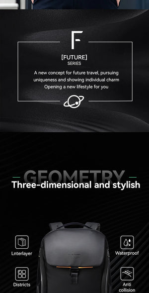 Black geometric travel backpack with waterproof and anti-collision styling