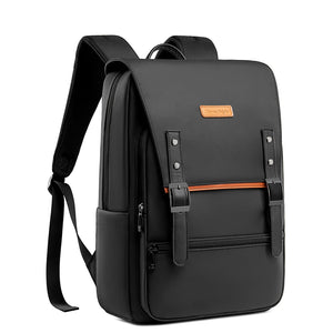 Black lightweight waterproof commuter backpack with top handle and front flap