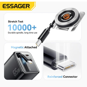 ESSAGER 65W GaN USB Charger with Retractable Cable and Power Delivery - Black
