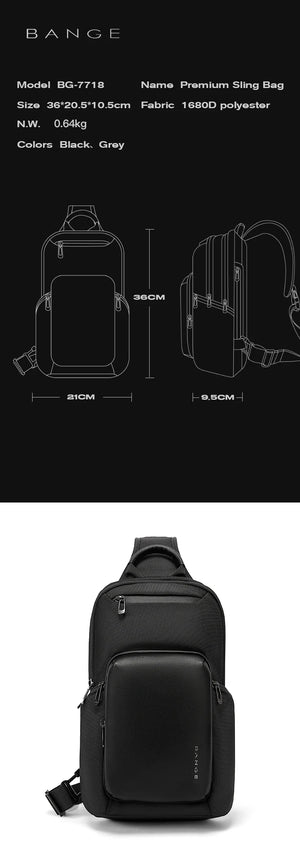 Black compact waterproof crossbody bag, front view with top handle and straps
