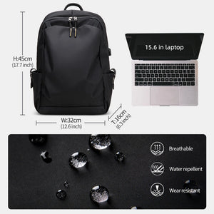 Black backpack with dimensions and 15.6 in laptop illustration on front