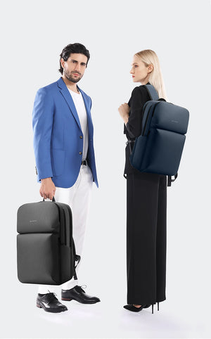 Large-capacity travel backpack shown in black and gray on models