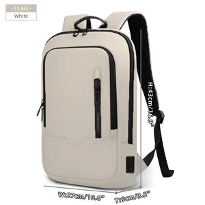White compact waterproof backpack with front pocket, side strap, and USB port panel