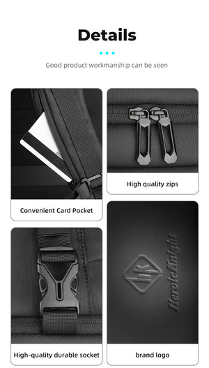 Black backpack details: high-quality zippers, card pocket, and durable logo patch