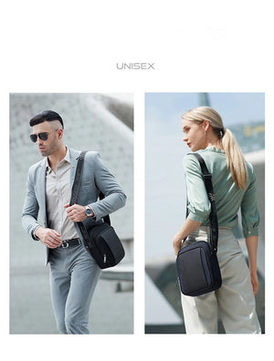 Unisex black crossbody messenger bag with front pocket and adjustable strap