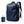 Blue waterproof travel backpack with pump, front zipper pocket and adjustable shoulder strap.