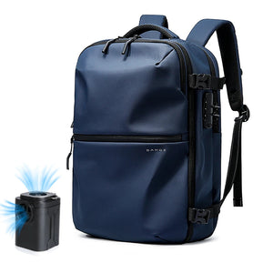 Blue waterproof travel backpack with pump, front zipper pocket and adjustable shoulder strap.