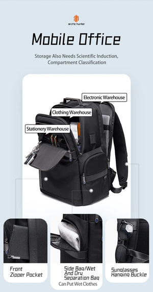 Black waterproof backpack with front zipper pocket, side compartment, and wet-storage pocket
