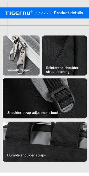 Black travel backpack close-up of smooth zipper, reinforced shoulder straps, and buckle
