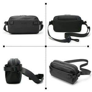 Minimalist sling bag in black with adjustable strap, front and side views