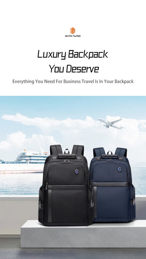 Black waterproof backpack with front zipper pocket and top handle, shown alongside a second color