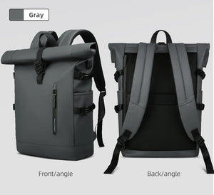 Gray roll-top waterproof travel backpack, front and back views with adjustable shoulder straps