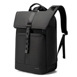 Black waterproof travel backpack with top flap, front vertical zip pocket, and padded straps.