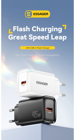 ESSAGER 45W USB Charger with QC3.0 and PD Fast Charging - Black
