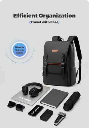 Black backpack with organized compartments for up to 15.6-inch laptops